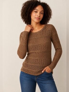 Chico’s Open Knit Sweater Brown Cotton Blend Lightweight Pullover Size 1